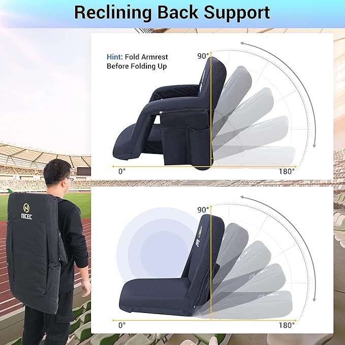 Nice C Stadium Seats, Floor Chair, Bleacher Chairs, 5 Reclining Positions Waterproof Cushion, Ultralight, Foldable, Extra Thick Padding, with Shoulder Straps & Net Pockets, Power Bank Not Included