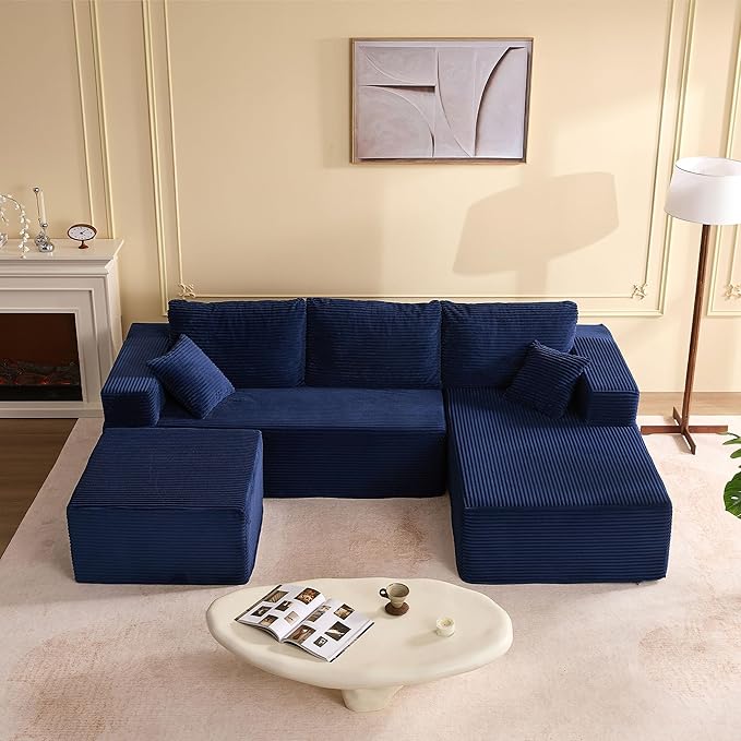 Afuson 107" Boneless Couch with Deep Seat, Modular Sectional Sofa, Cloud Sectional Couch for Living Room, No Assembly Required, Corduroy, U-Shape 3 Seater Right, Blue