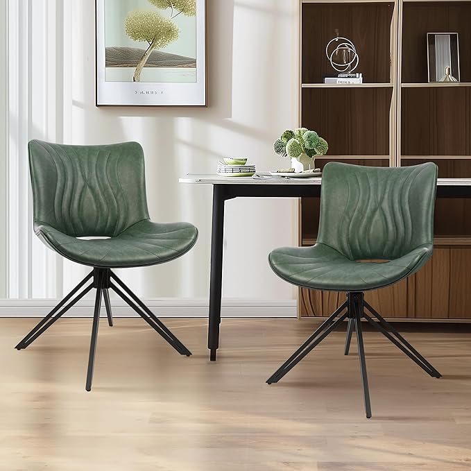 VATROS Dining Chairs Set of 4, 360° Swivel Upholstered Mid-Century Modern Kitchen Dining Room Chairs, Armless Faux Leather Accent Side Chair with Padded Back,Metal Legs for Living Room Bedrooms,Green