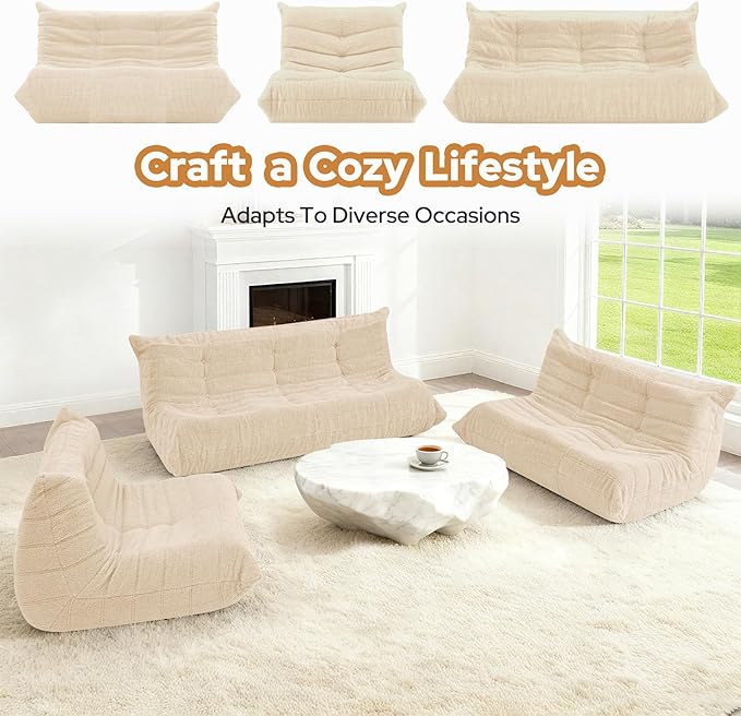 HABUTWAY Bean Bag Chairs Fireside Lazy Floor Sofa, Soft Teddy Fleece 2 Seater Sofa with High-Resilience Foam Filling，Beanbag for Living Room, Bedroom, Office (Khaki Teddy)