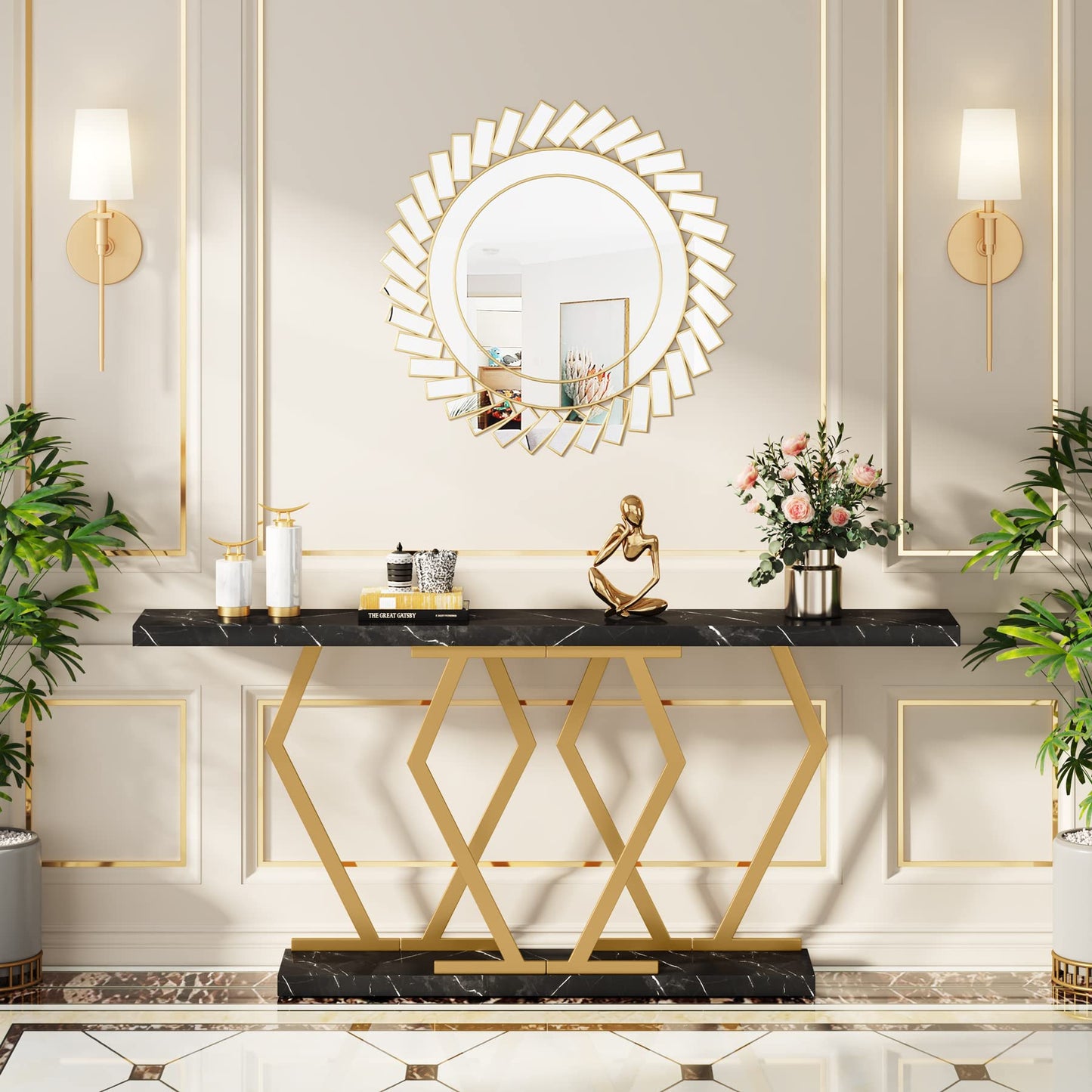 Tribesigns 70.9 Inch Extra Long Sofa Table，Black and Gold Console Table with Faux Marble Tabletop, Modern Long Entryway Table with Gold Frame