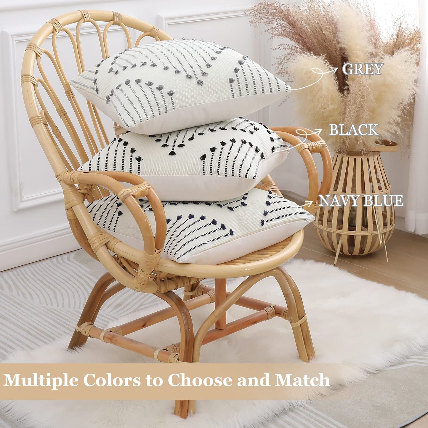 Mecatny Boho Outdoor Throw Pillow Covers 12X20 Set of 2, Farmhouse Lumbar Summer Pillow Covers for Couch Sofa Living Room, Navy & Cream White