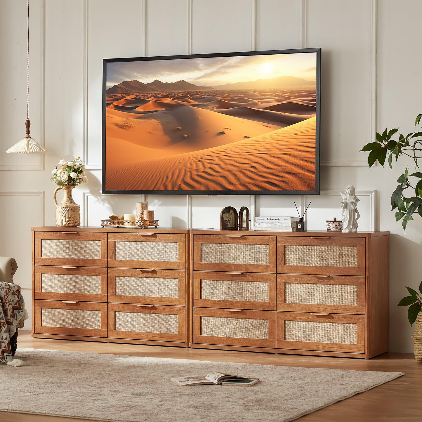 LEYAOYAO Rattan Dresser and Nightstand Set of 2, Boho Wood Dresser for Bedroom with 6 Drawers and Night Stand with Charging Station, Bedroom Furniture, Dressers & Chests of Drawers,Living Room,Hallway