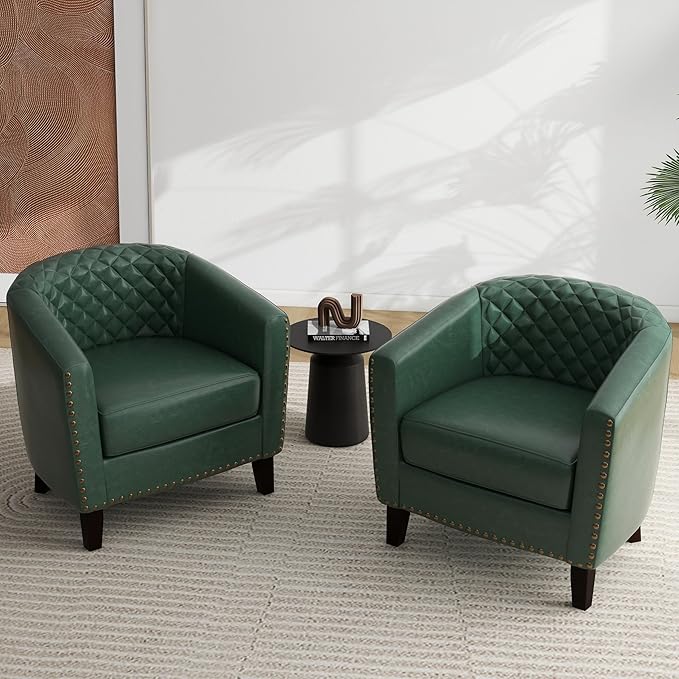 UIXE Faux Leather Barrel Accent Chairs Set of 6, Modern Club Upholstered Arm Chair, Comfy Armchair Nailed Trim Living Room Single Sofa Reading Seat Bedroom Side Sitting for Office, Green