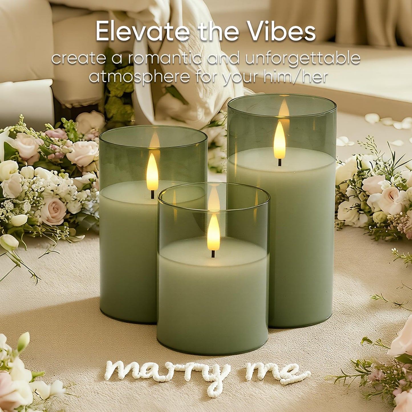 5plots Flameless Battery Operated Candles Set of 3, Green LED Candles with Remote Timer, Real Wax Glass Pillar Candles Warm Flickering Light for Indoor Home, Halloween, Christmas Decor D3 x H4 5" 6"