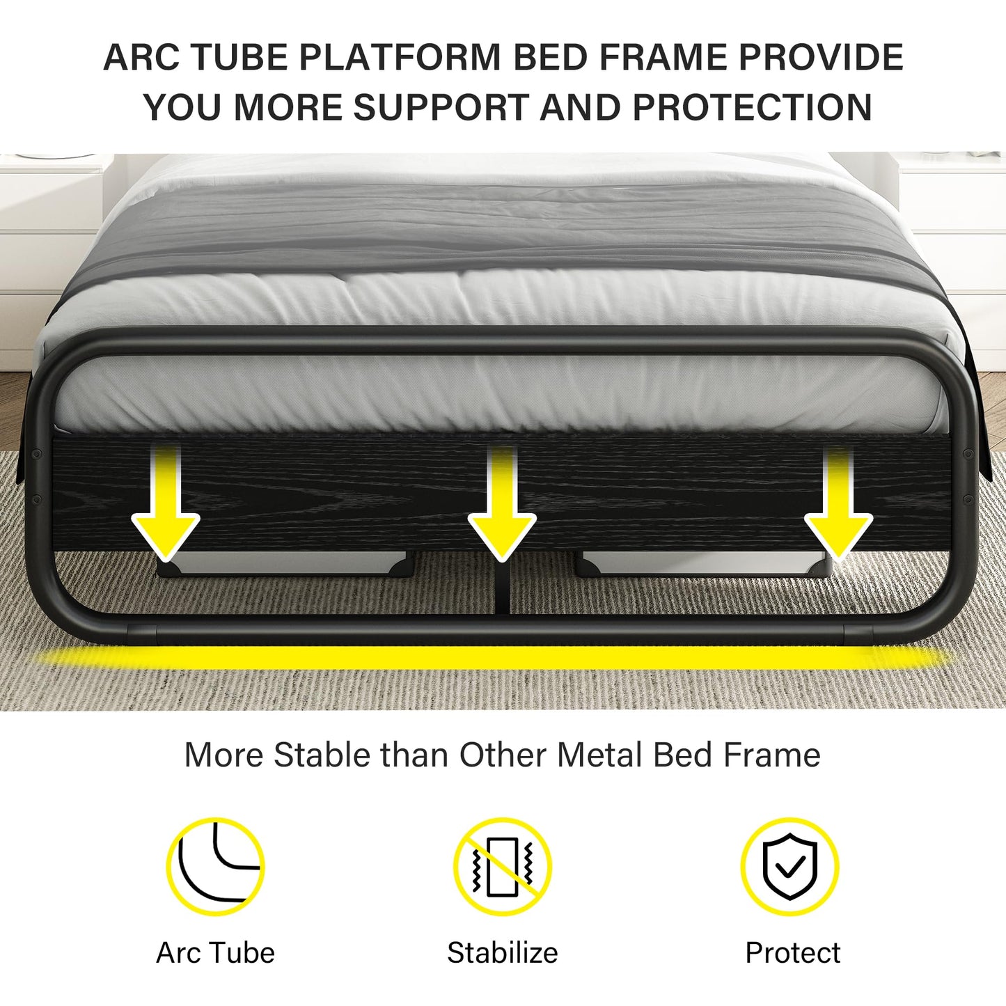 Catrimown Queen Bed Frame with Headboard LED Bed Frame Queen Size Heavy Duty Metal Rustic Bed Frame Queen Size Wood Platform Bed Frame Under Bed Storage Noise Free No Box Spring Needed (Black, Queen)