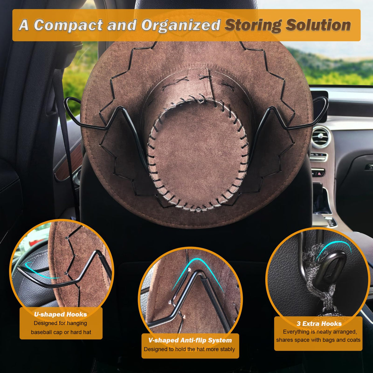 Idefair Cowboy Hat Holder Rack for Truck Car SUV Hard Hats Stand Western Accessories for Men Women Travel Automotive Seat Back Storage Organizer Hardhat Hanger with Hooks Gifts for Most Hats
