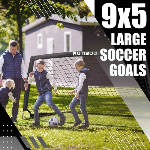 RUNBOW 9x5 ft Portable Kids Soccer Goal for Backyard Adult Junior Large Practice Soccer Net with Carry Bag (9x5FT, 2 Pack, Black)