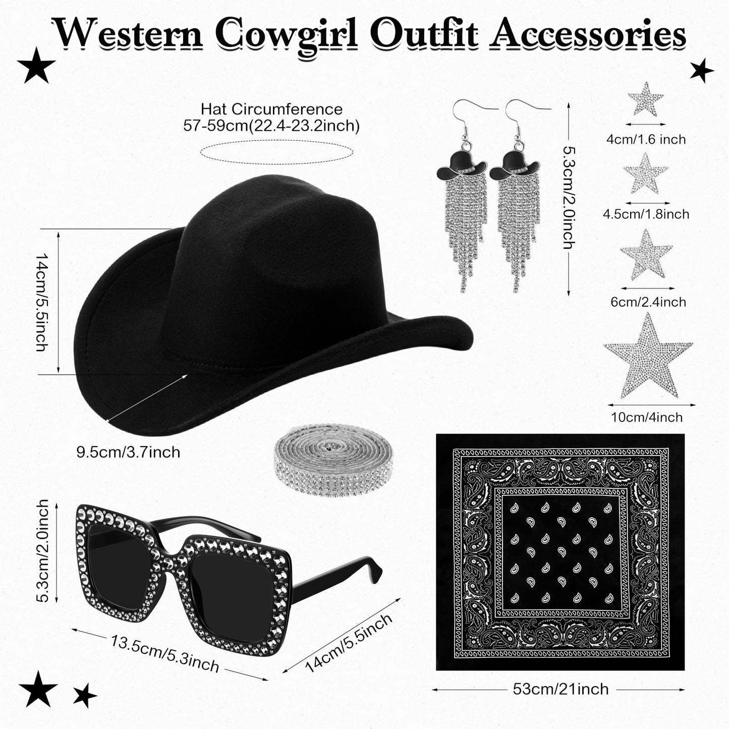 Tiamon Western Costume Accessories for Women Cowgirl Tassels Fringe Vest Cowboy Hat Rhinestone Earrings Glasses Paisley Bandana 70s Hippie Outfits(Black)