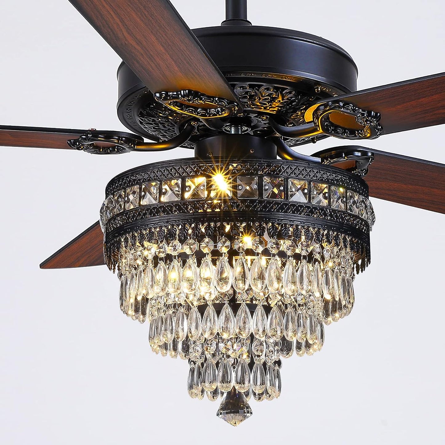 Asyko Crystal Ceiling Fan Fandelier with Lights - Modern Black Chandelier Fans with Remote Control，Noiseless AC Motor, Retro/Farmhouse Lighting, Dining Room， Living Room (52"
