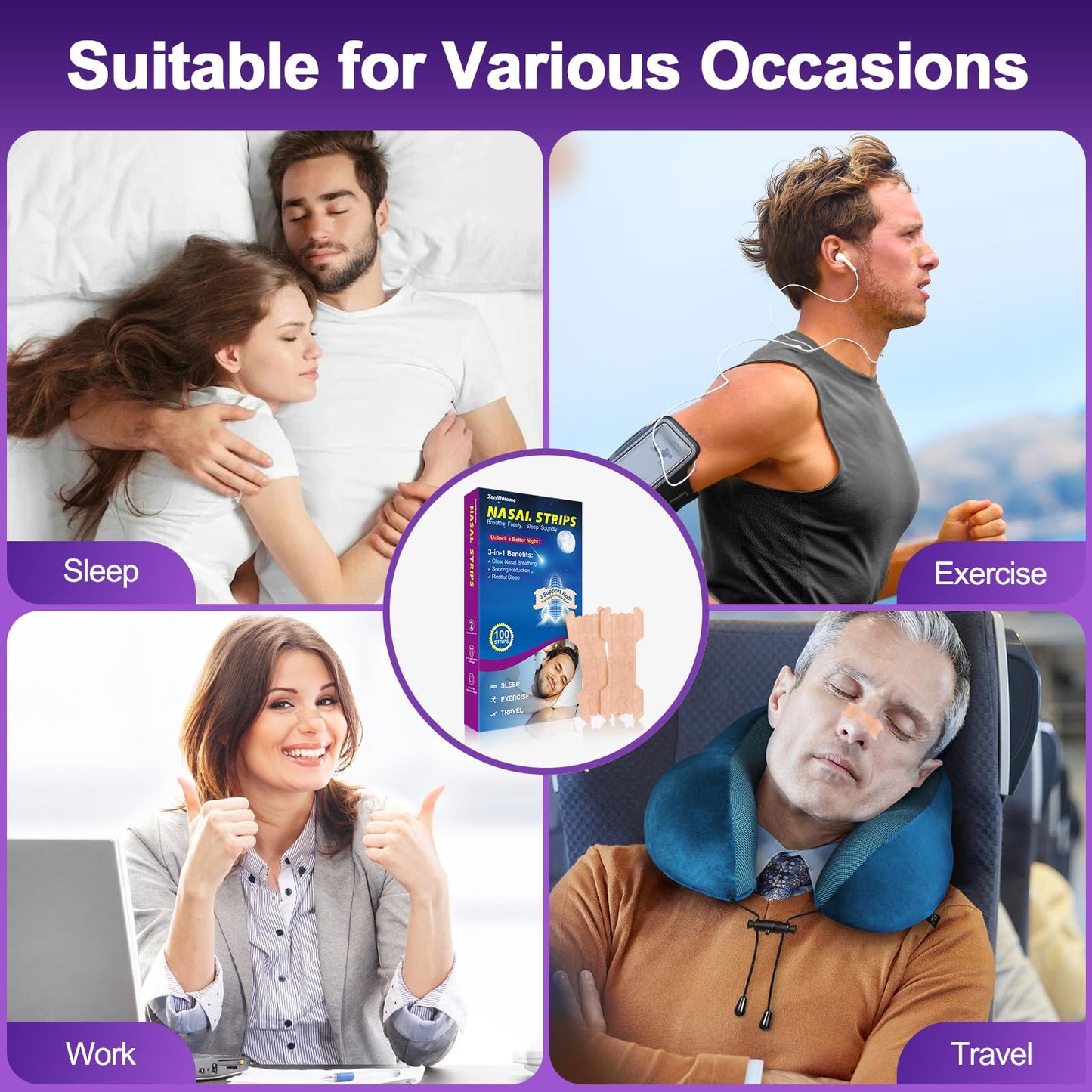 ZenithHome Nasal Strips for Snoring, 100 Count Extra Strength Nose Strips for Breathing, Anti Snoring Devices for Sports and Sleep, Help Stop Snoring, Relieve Nasal Congestion, Drug-Free,Deeper Sleep