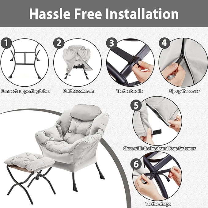 Youtanic Lazy Chair with Folding Ottoman, Accent Chair Velvet Upholstered with Metal Structure and Non-Slip Pads, Sofa Armchair with Footrest and Side Storage Bag for Dorm, Room, Office, Light Gray