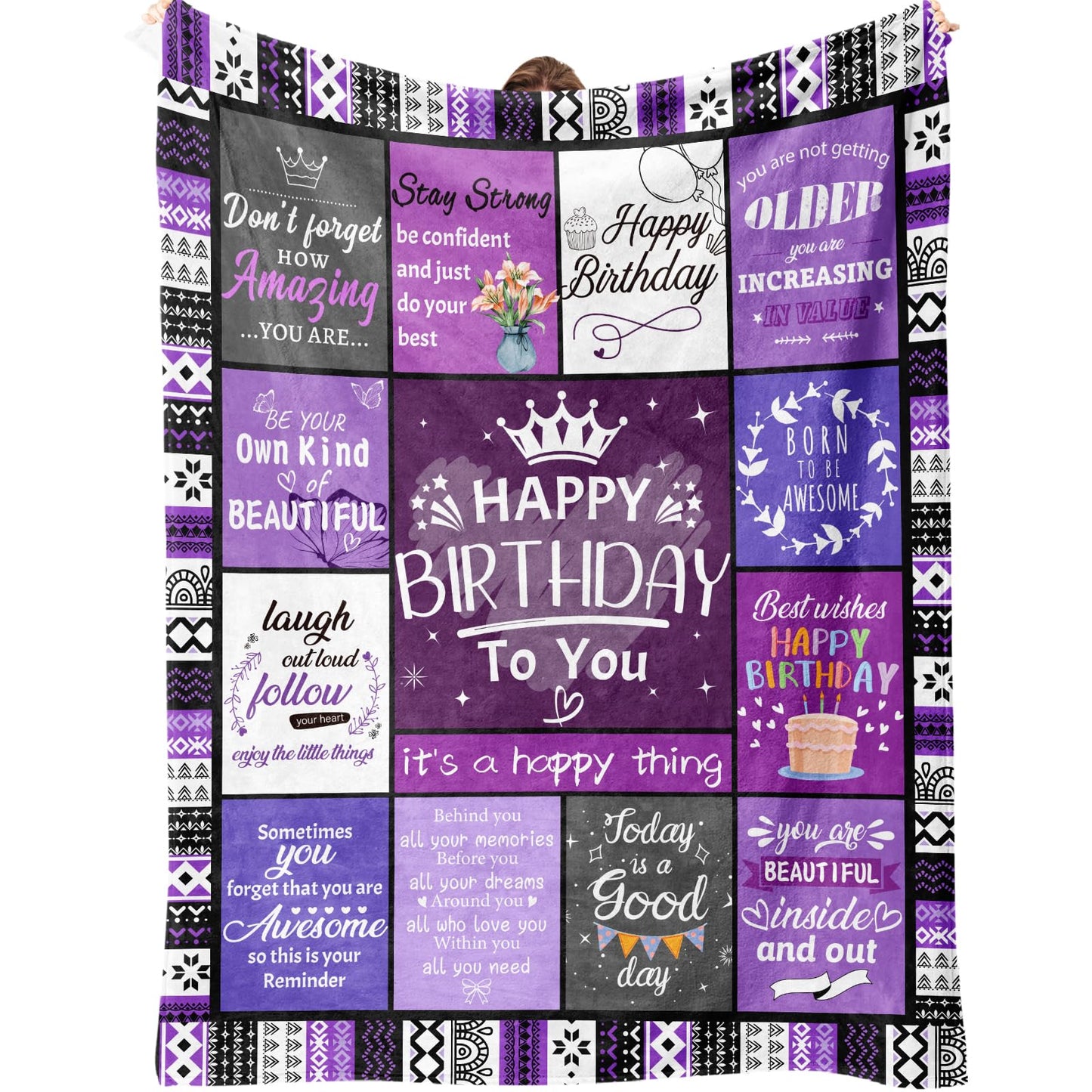 Ueedklaayy Happy Birthday Gifts for Women, Purple Gift for Women Birthday, Bday Gift for Woman Friendship, Bday Gift for Best Friend Sister Mom, Purple Flannel Blanket 60"X50"