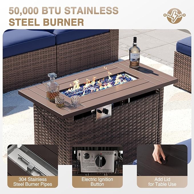 Aoxun Patio Furniture Sets, 12-Piece Outdoor Patio Furniture with 44'' Propane Gas Firepit Table, Wicker Outdoor Conversation Set Sectional Sofa for Backyard, Poolside, Garden