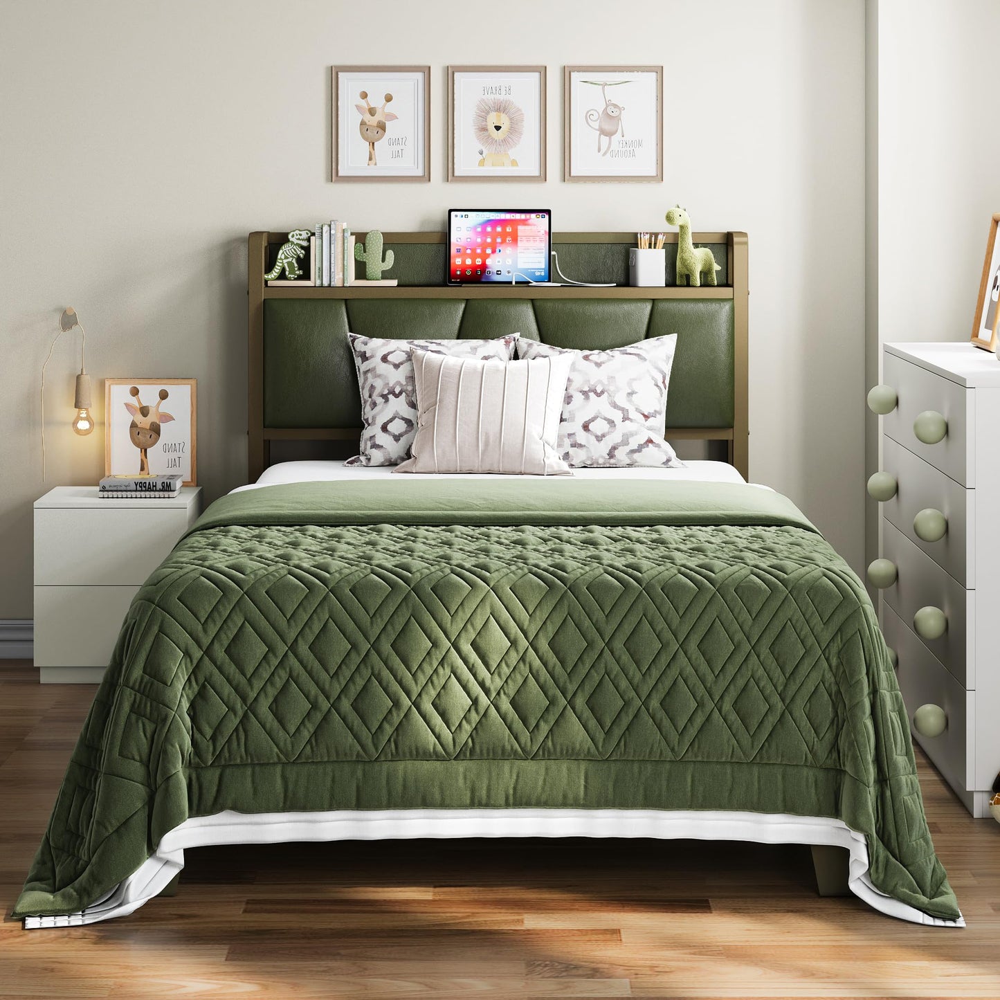 LIKIMIO Twin Bed Frame, Storage Headboard with Charging Station, Solid and Stable, Noise Free, No Box Spring Needed, Easy Assembly (Dark Green)