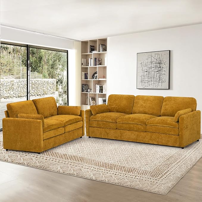 ACMEASE 2 Pieces Chenille Sofa Set w/Throw Pillows, Upholstered Loveseat & 3 Seater Sofa w/Comfortable Back Cushions, Modern 2-Seat & 3-Seat w/High-Density Foam for Living Room, Apartment, Yellow
