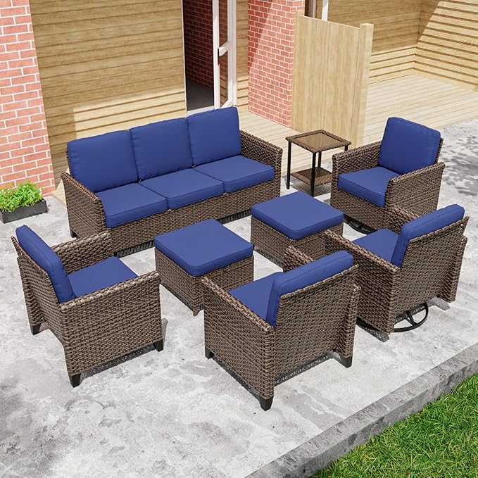 COOS BAY Harbor Retreat 8 Piece Outdoor Furniture Set, Patio Conversation Set with Swivel Rocking Chairs, Patio Chairs, Couch, Side Table and Ottomans, Wicker Furniture, Brown/Blue