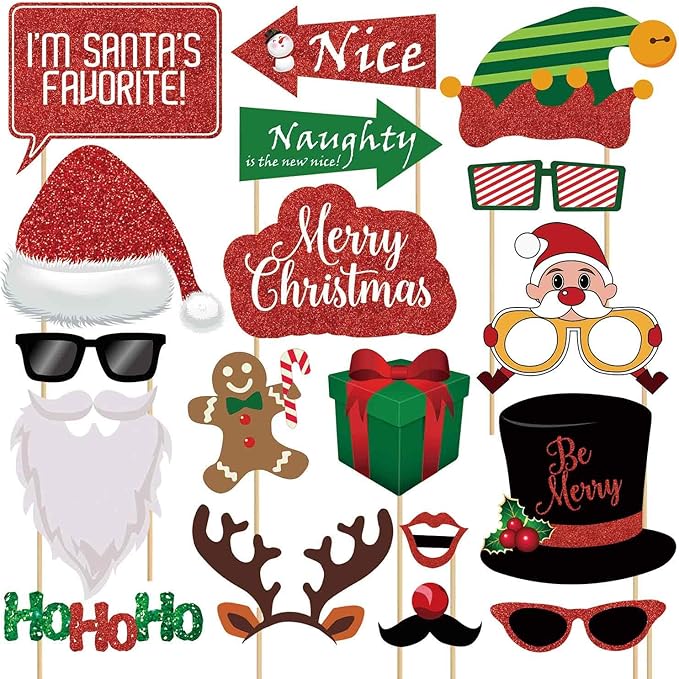 Glitter Christmas Photo Booth Props Kit - 25 Count Large Photography Party Decorations Gifts, Fun Santa Elfie Selfie Posin...