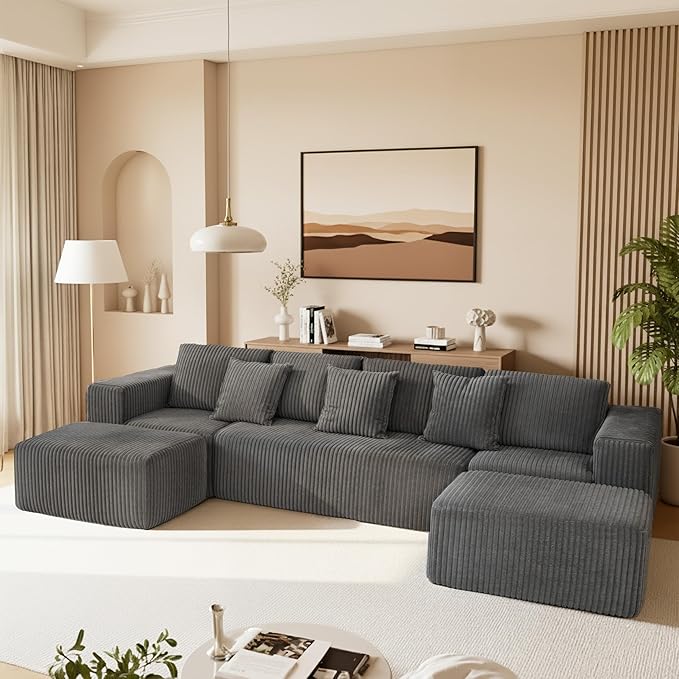 SEENYOO 132" U Shaped Modular Sofa, 4-Seater Sectional Cloud Couch with Chaise, Soft Corduroy Boneless for Living Room, No Assembly Required, Free Configuration,Grey