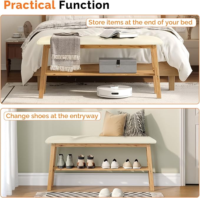 VINGLI Padded Solid Wood Dining Bench 39" Wooden Bench for Entryway, Bedroom, Kitchen & Living Room, with Shoe Rack Storage, Light Brown
