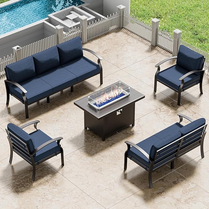 RTDTD Aluminum Outdoor Patio Furniture Set,5 Pieces 7 Seats Patio Conversation Sets with 45" Propane Fire Pit Table,Metal Patio Sectional Furniture Set w/5.1" Cushions,Navy Blue