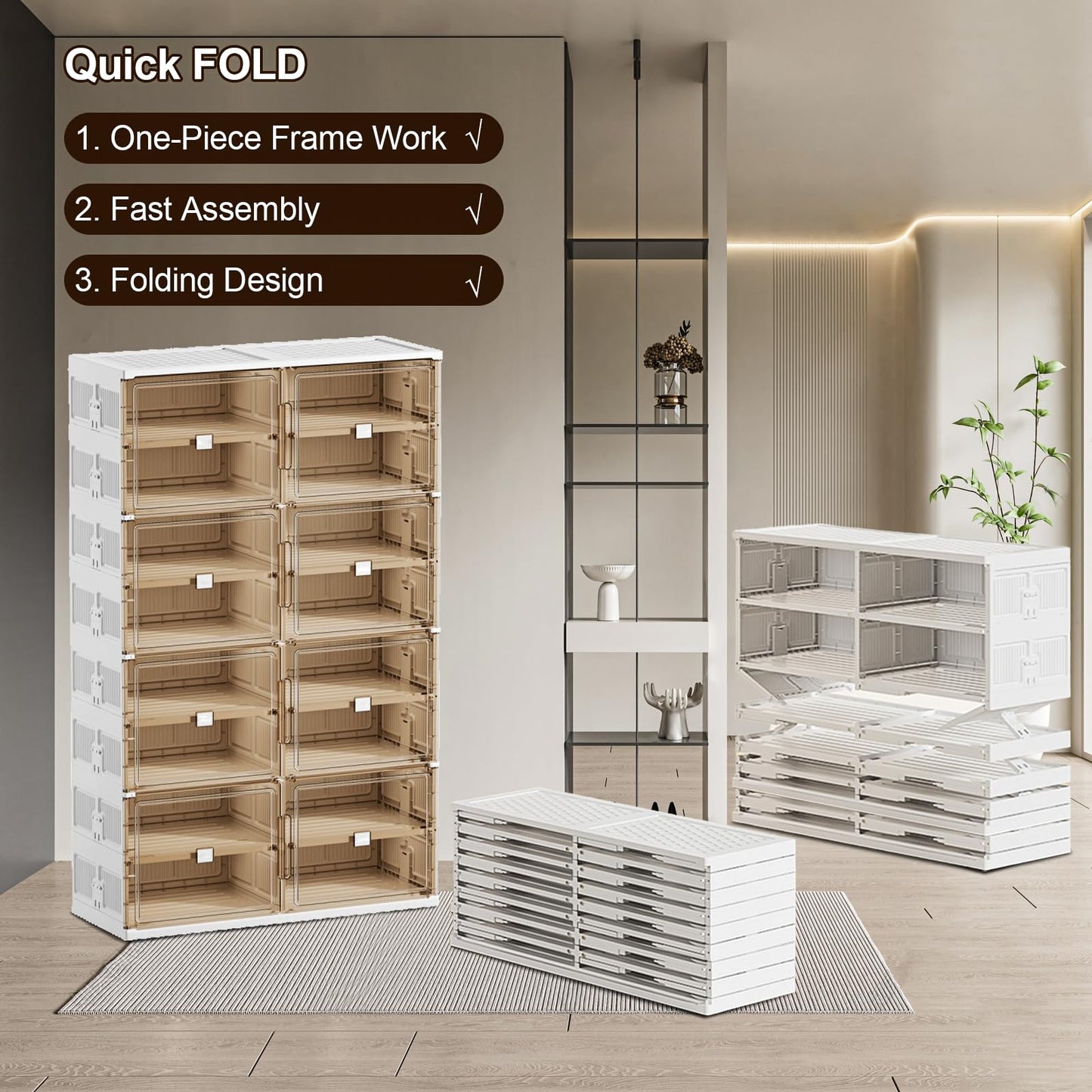 wesimple 32 Pairs Shoes Storage Cabinet of 3-Step Fast Installation,Plastic Shoe Box with Clear Magnetic Door for Display, Shoe Organizer for Sneaker, Sandals, Heels (2 Row, 8 Tier)