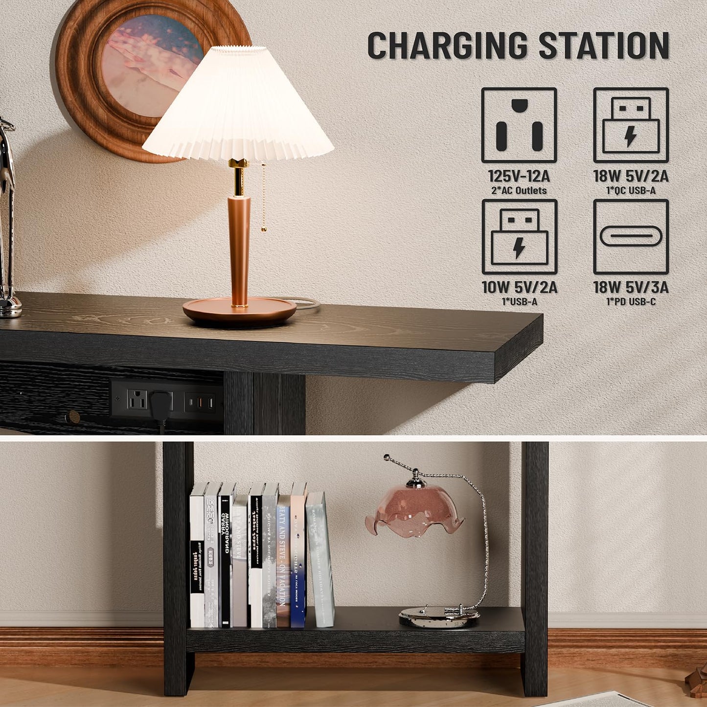 REDAYFUR 43" Console Table with Charging Station, Entryway Table 2-Tier Storage & Power Outlets or Hallway & Living Room, Perfect as Sofa Table Behind Couch, Sturdy Thickened Board & Anti-Tip