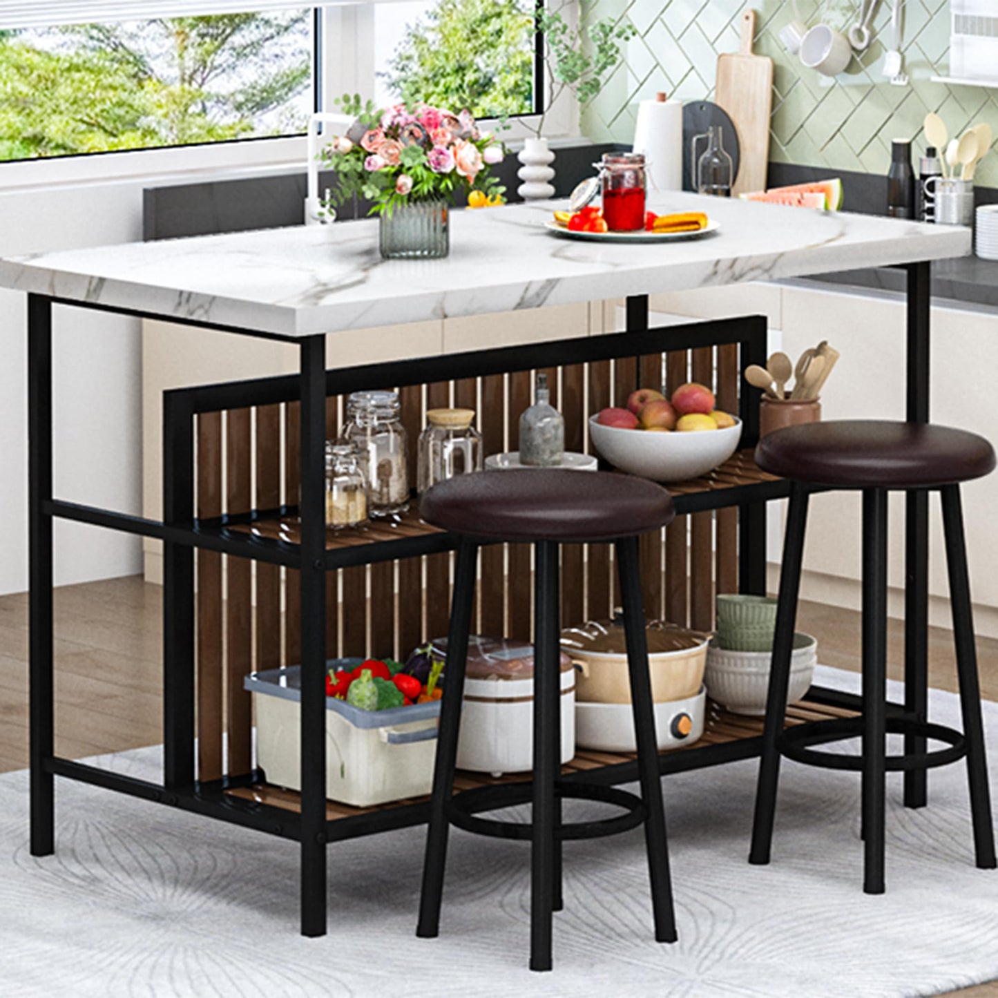 DKLGG Kitchen Island with Stools & Storage, Modern Dining Table Set for 2, 3 Piece Kitchen & Dining Room Sets Island Table for Small Space, Apartment, Home Bar, White