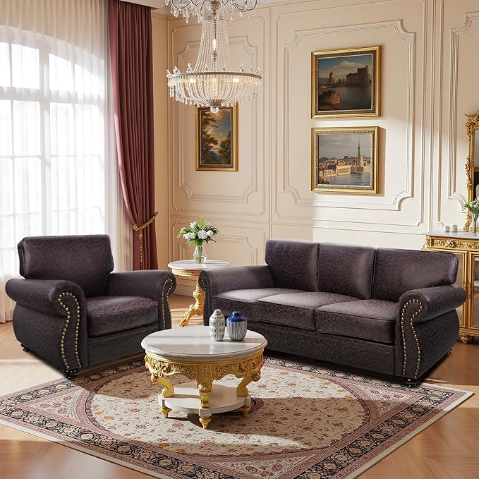 Couchus Living Room Furniture Sets,Sofa Sets and Couch Sets for Living Room,Mid-Century Vintage Sofa Couches with Rivet Design (Brown, Single+3 Seater)
