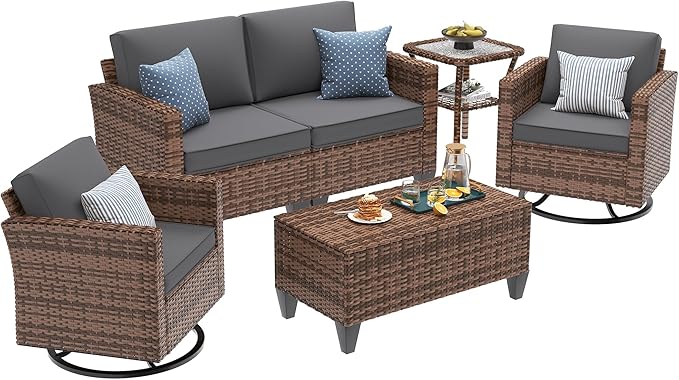 UDPATIO Patio Furniture Set, 5 Pieces Outdoor Furniture Sets with Rocking Swivel Chairs, Wicker Rattan Outdoor Conversation Set with Storage Table and Waterproof Covers for Backyard, Deck, Porch, Grey
