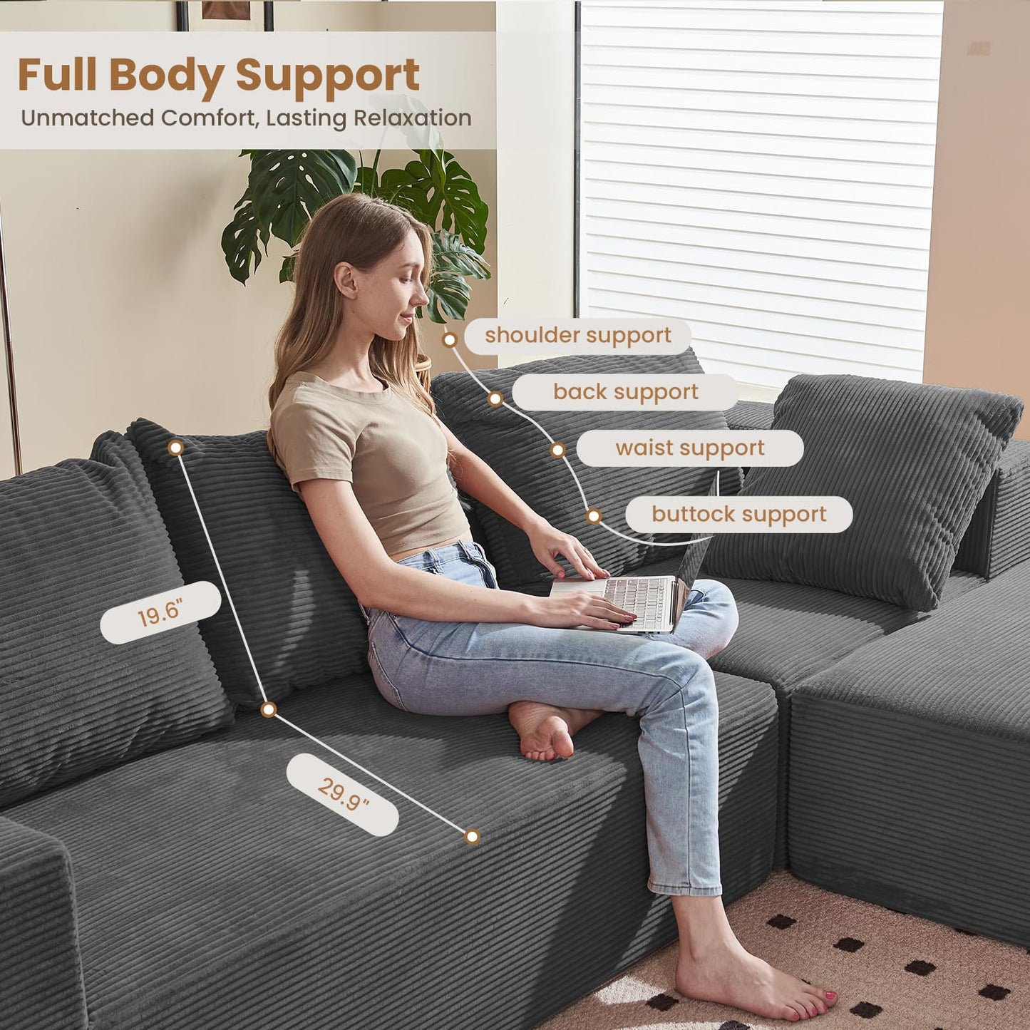 108" L-Shaped Boneless Couch, Modular Sectional Sofa with Moveable Ottoman, Corduroy Cloud Couches for Living Room, No Assembly, Ship in a Box, Ash Gray