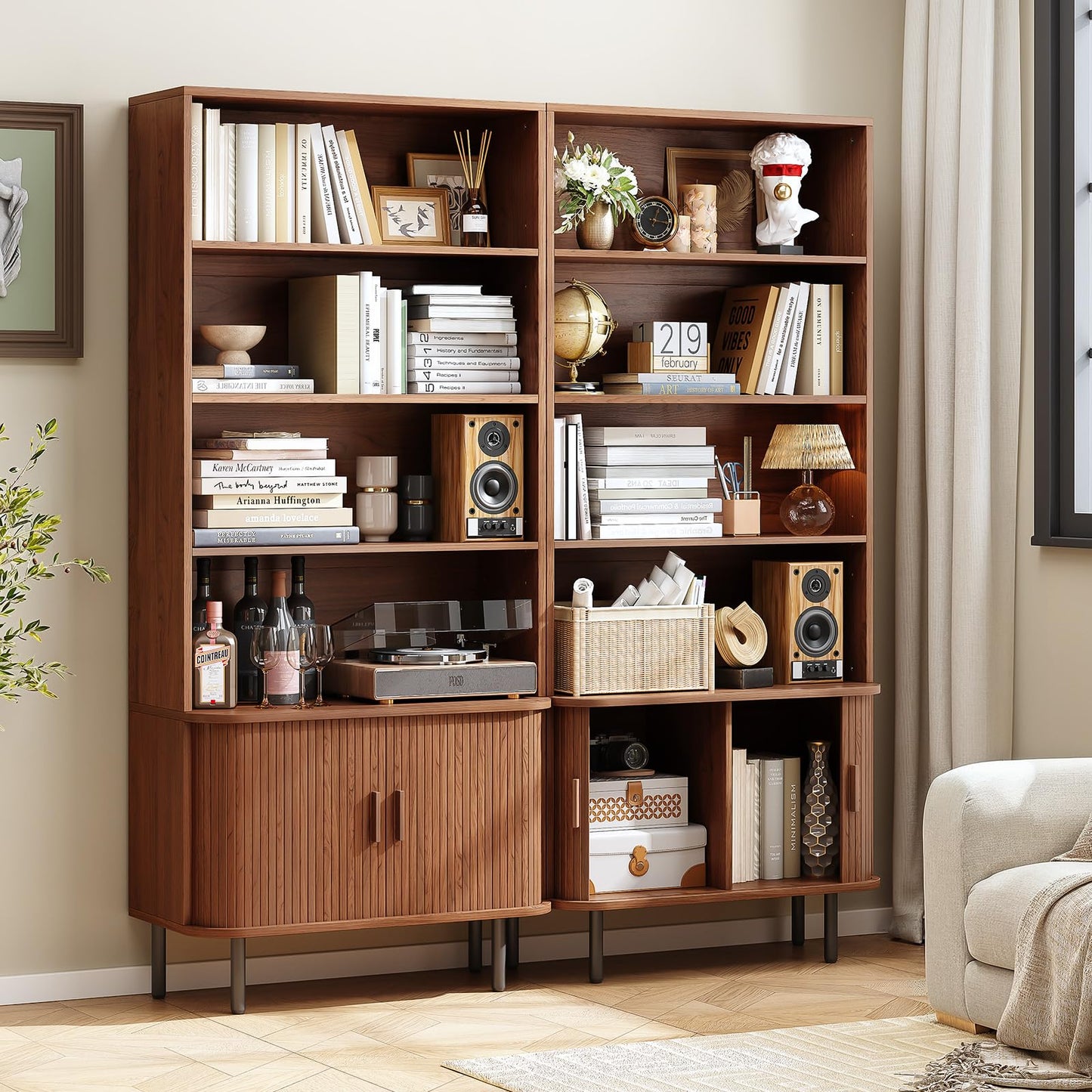 ONBRILL 71" Tall Bookshelf, 4-Tier Bookcase with Storage Cabinet & Adjustable Storage Shelves, Floor Standing Wooden Bookshelf with Sliding Door and Adjustable Footpad, for Home Office, Living Room