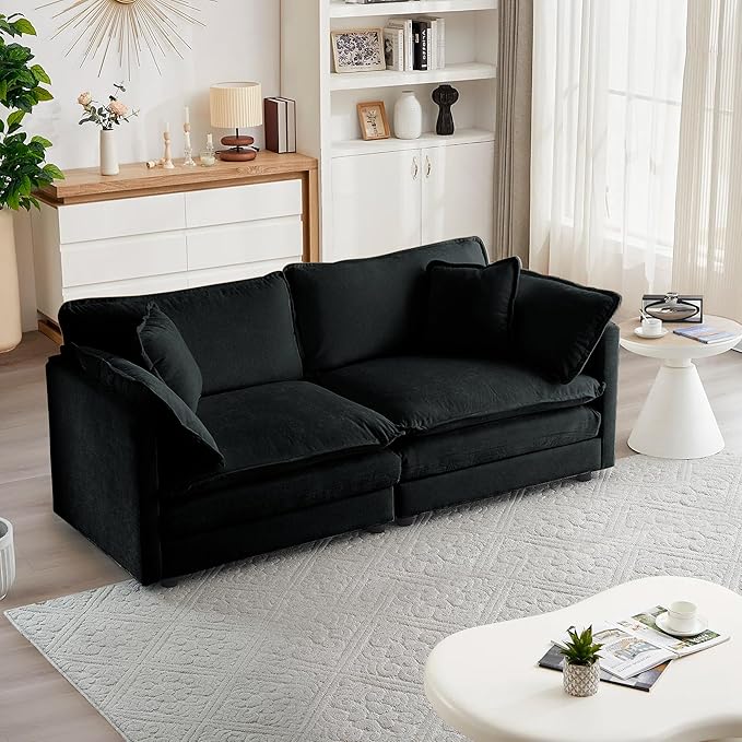 mikibama Luxury Loveseat Sofa Couch, 76" Modern Chenille Deep 2-Seater Cloud Couch with 2 Armrest Pillows and 2 Toss Pillows, Love Seat for Living Room Bedroom Office Apartment, Black