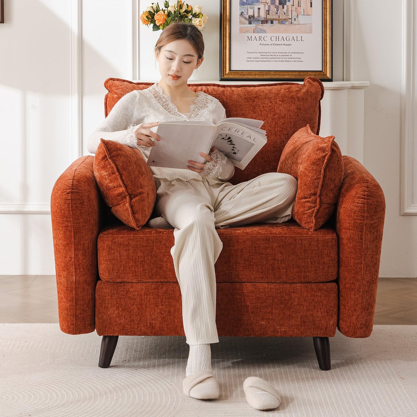 Rexulqo Oversized Accent Chair with All Seats Storage,Comfy Living Room Chairs with 2 Throw Pillow,Upholstered Mid-Century Armchair,24.5'' Deep Seat,Reading Chair for Bedroom,Office,Chenille,Orange