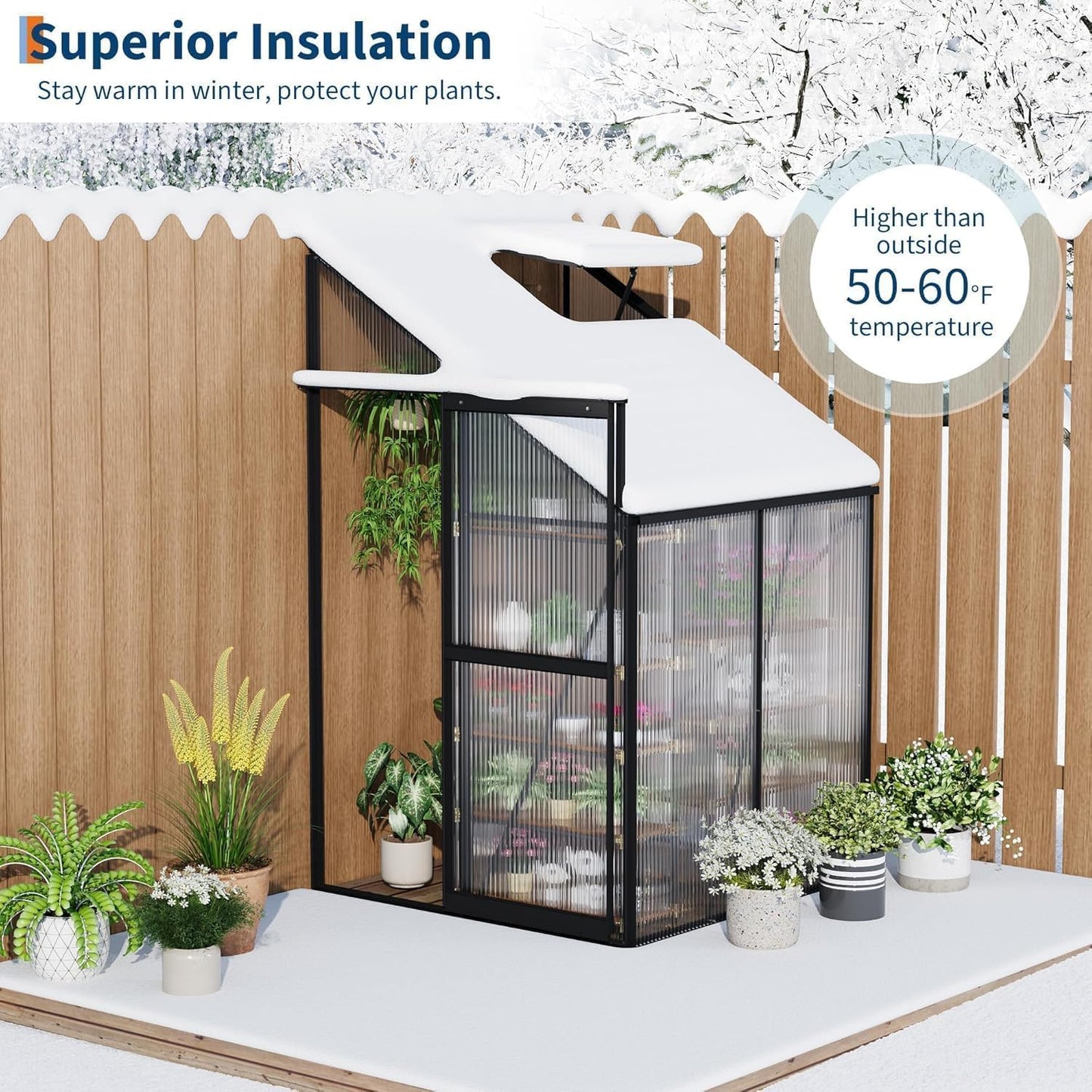 MilleLoom 4x4 Ft Greenhouse, Lean-to Polycarbonate Greenhouse with Quick Setup Structure, Roof Vent&Sliding Door, Aluminum Walk-in Green House for Outside Garden Backyard, Patio, Lawn, Silver