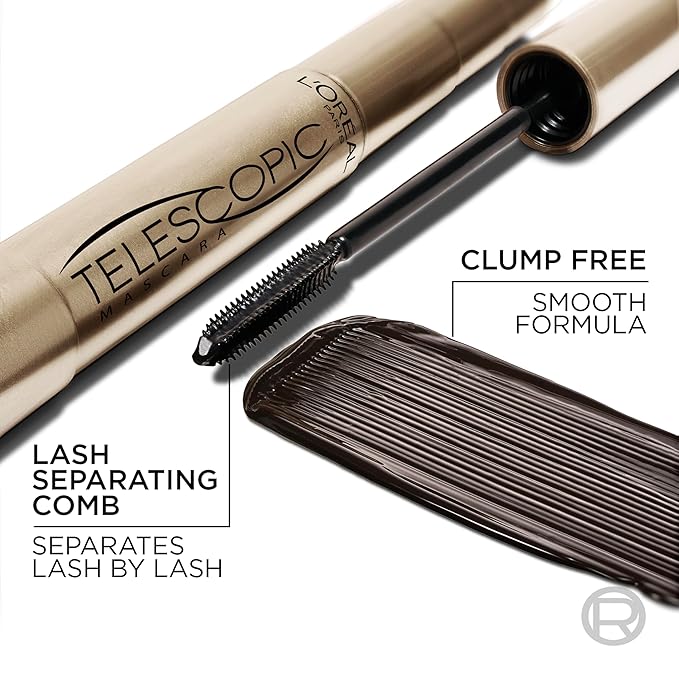 L'Oreal Paris Makeup Telescopic Original Lengthening, Lash Separating Mascara with Dual Precision Brush, Washable, Black Brown, 0.27 Fl Oz., 1 Count