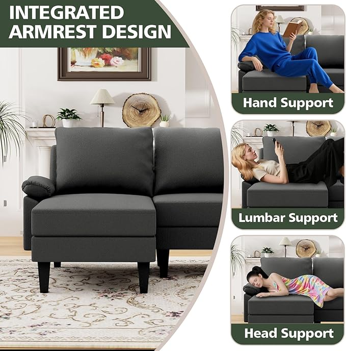 Topcomfy U-Shaped Sectional Couches for Living Room, Convertible 4 Seat Modular Sectional Sofa Set with Ottoman, Modern L Shaped Couch with Chaise for Apartment and Office, Polyester Dark Gray