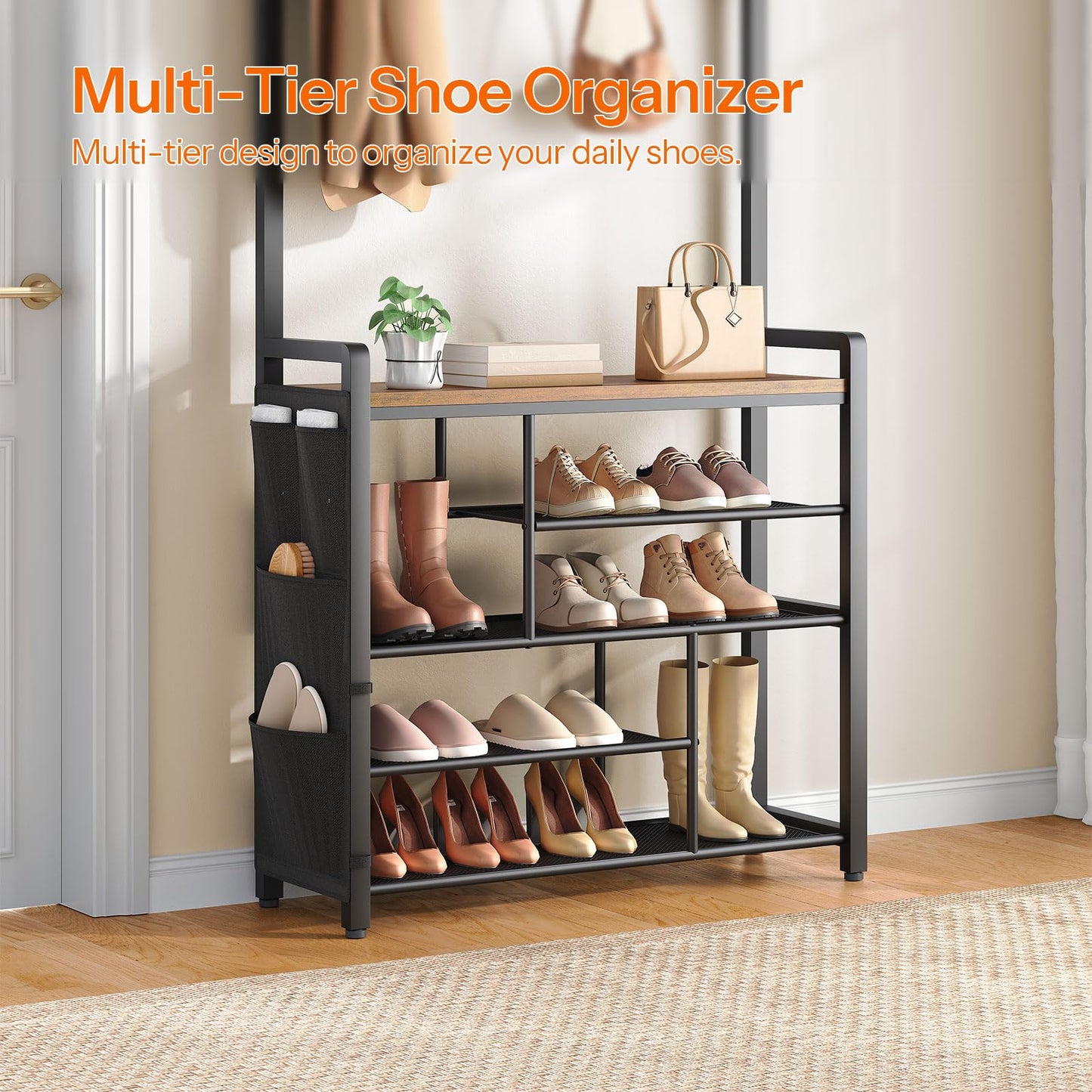 HOOBRO Hall Tree with Bench, Shoe Rack with Coat Rack, Coat Rack with Shoe Storage, 5 Tier Shoe Storage Organizer with Oxford Fabric Side Pockets, Coat and Shoe Rack Entryway, Rustic Brown BF45MT01