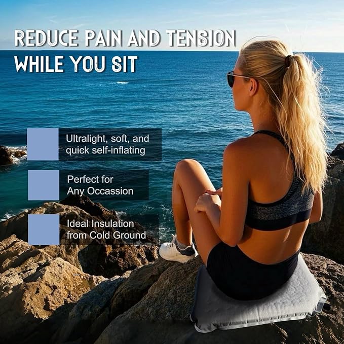 LEOVITA Inflatable Seat Cushion Lightweight Self-Inflating Memory Foam Cushion for Stadium Camping Bleachers Airplane Travel Waterproof Portable Blow Up,Gray