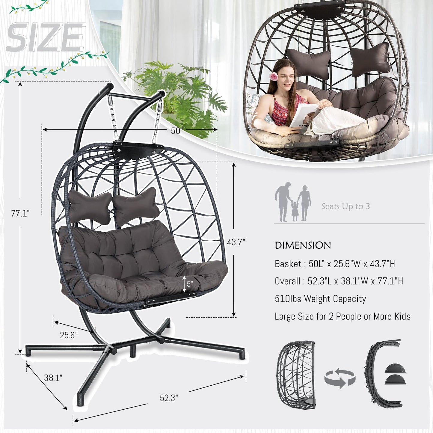 BLUEXYARD Extra Large Double Hanging Egg Chair with Stand, 2 Person Outdoor Indoor Swing Chair, 700 Lbs Heavy‑Duty Wicker Hammock Loveseat with Cushion for Patio Balcony Backyard, Dark Gray