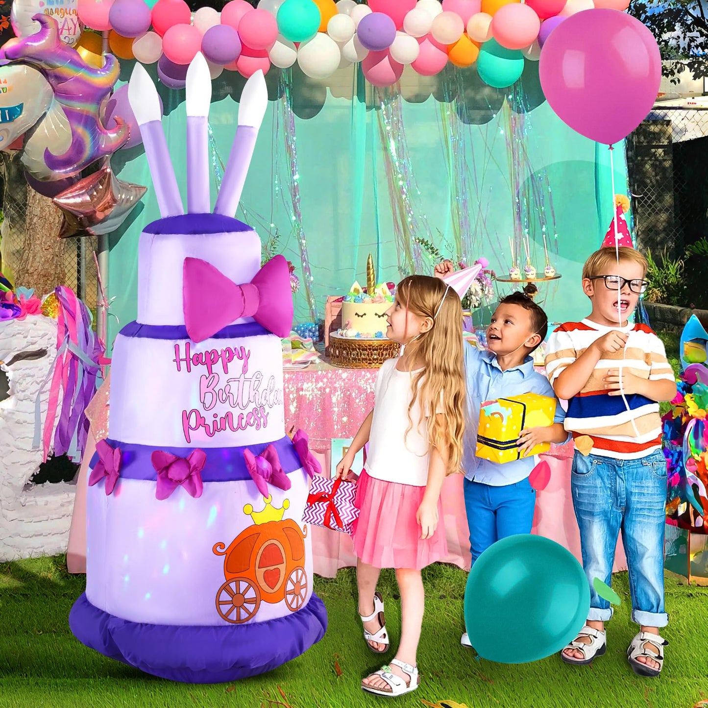 GIFTFIND 4.5Ft Inflatable Birthday Cake with Rotating Fairy Lights, Outdoor Birthday Party Decoration Cake with Candles, Holiday Blow Up Celebration Decor for Indoor Outdoor Yard Lawn, Pink Princess