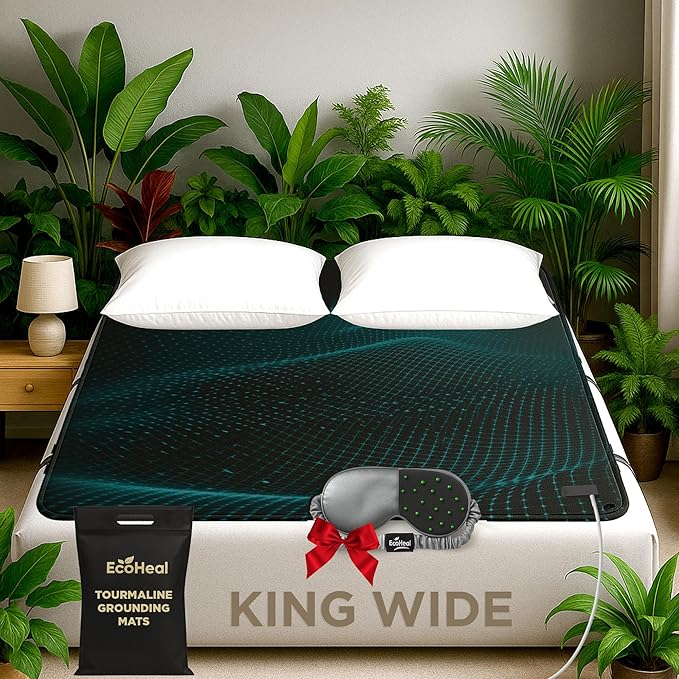 ECOHEAL Luxury Tourmaline Grounding Mat King Wide 75” x 54” for Bed & Sofa – PU Leather Conductive Surface, SGS Certified, Includes Silver Sleep Mask & 15ft Cord
