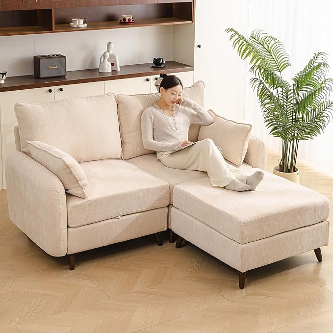 Rexulqo 73'' Loveseat Sofa with Seats Storage, Modular Sectional Couch with Movable Ottoman,Oversized Comfy Sofa with 7.8'' Cushion,24.5'' Deep Seat,Large Couches for Living Room,Bedroom,Velet,Cream