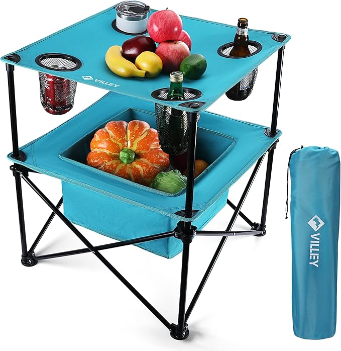 VILLEY Portable Camping Picnic Table, Lightweight Folding Beach Table with 4 Cup Holders and Carry Bag for Camp, Travel, F...