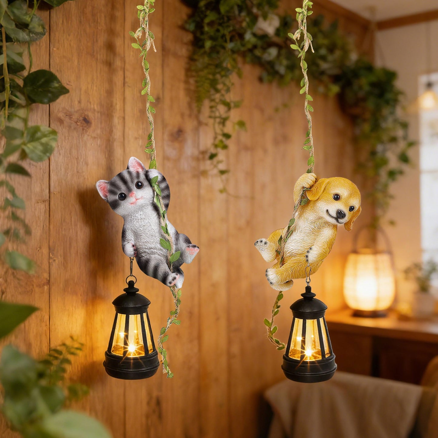 ZaaYee Set of 2 Solar Hanging Statue, Outdoor Resin Black White Cat & Golden Retriever Dog Figurine with LED Lights, Animal Ornament for Garden, Fence, Porch, Patio, Yard Decor