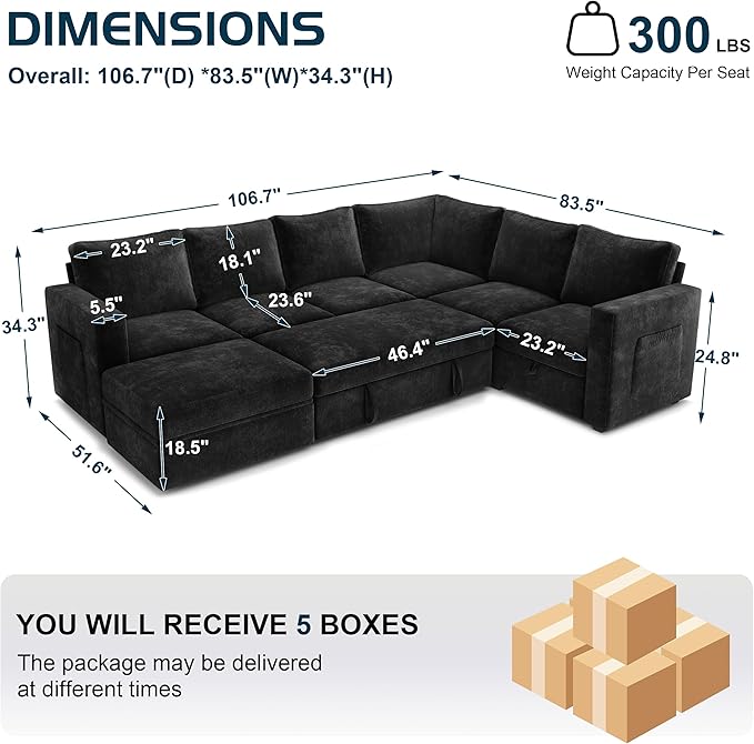 SUAWY 106.7" Sectional Sleeper Sofa with Pull Out Couch, Modern 7 Seat U Shaped Modular Couch, Sectionals Modular Sofa with Storage, Comfy Sectional Couches for Living Room & Apartment, Black