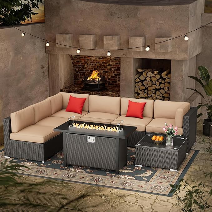 Crownland 8-Piece Outdoor Patio Furniture Sets with 45” Propane Gas Fire Pit Table, All-Weather Black Wicker Rattan Sectional Sofa with Coffee Table(Light Brown)