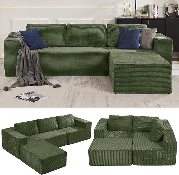 Furnify 106" Modular Sectional Sofa with L-Shape Chaise, Right/Left Facing Deep Seat Cloud Couch, No Assembly Required, Upholstered Couch for Living Room Bedroom (Plush Corduroy Fabric, Green)