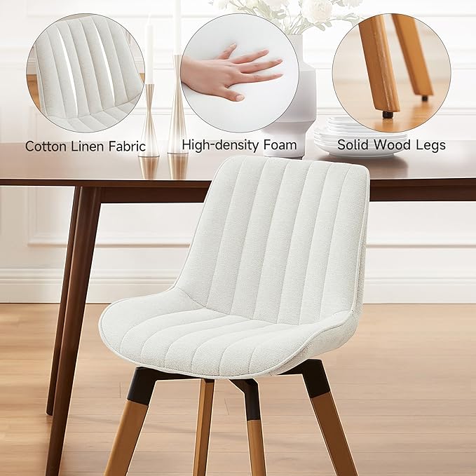 Art Leon Dining Chairs Set of 4, Mid Century Modern Swivel Dining Room Chairs, Fabric Upholstered Armless Side Chairs with Wood Legs for Kitchen Living Room Bedroom, Off White