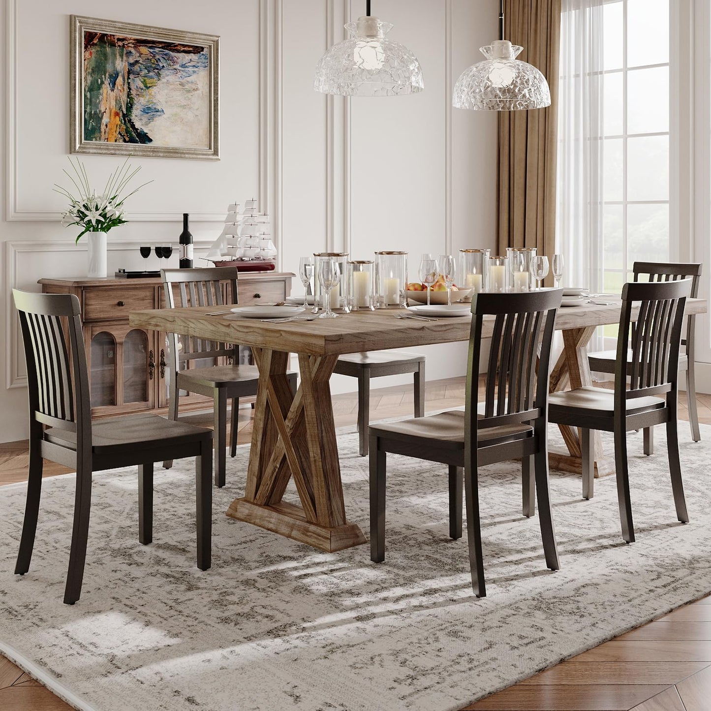 Homixis Dining Chairs Set of 6, Farmhouse Wood Chairs with Spindle High Backrest, 17.3 Inch Wood Chiars for Kitchen and Dining Room
